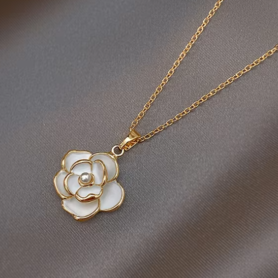 Romantic and Elegant White Camellia Pendant Necklace