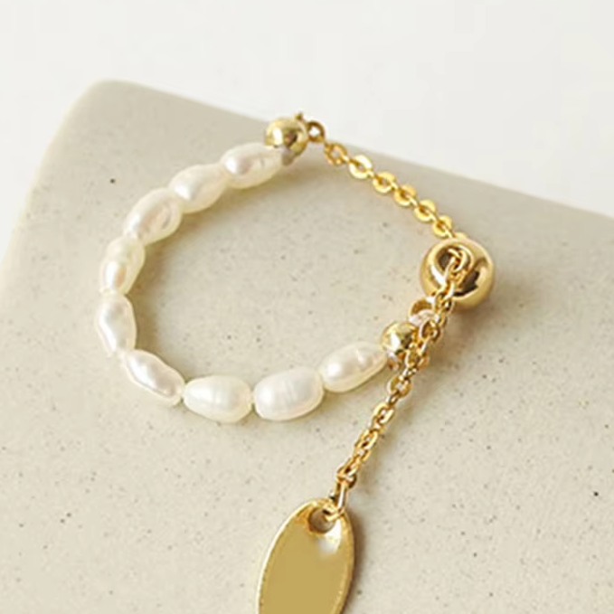 French simple retro pearl chain tension adjustment gold ring