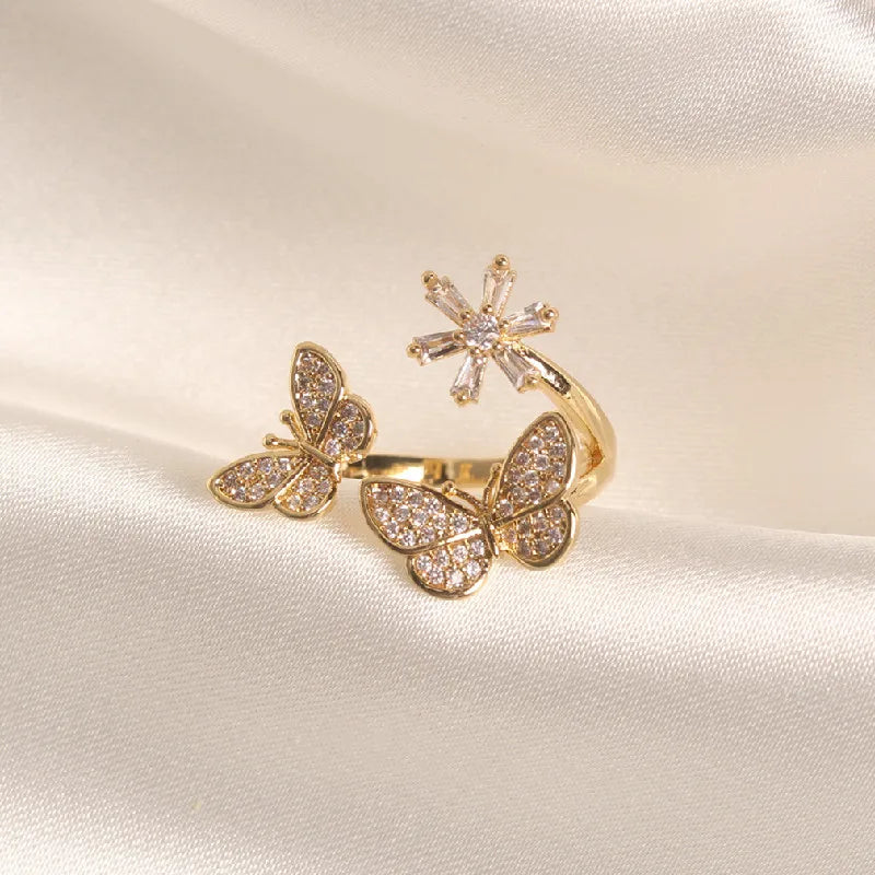 Fashionable and exquisite copper inlaid zircon butterfly flower open ring