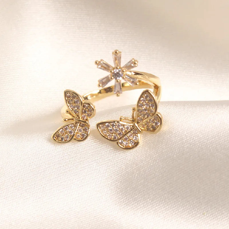 Fashionable and exquisite copper inlaid zircon butterfly flower open ring