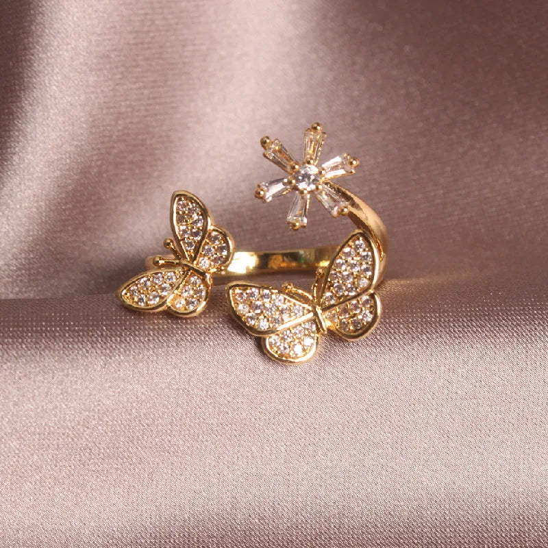 Fashionable and exquisite copper inlaid zircon butterfly flower open ring