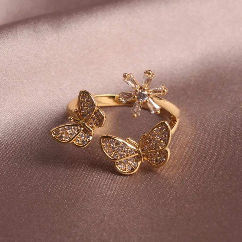 Fashionable and exquisite copper inlaid zircon butterfly flower open ring