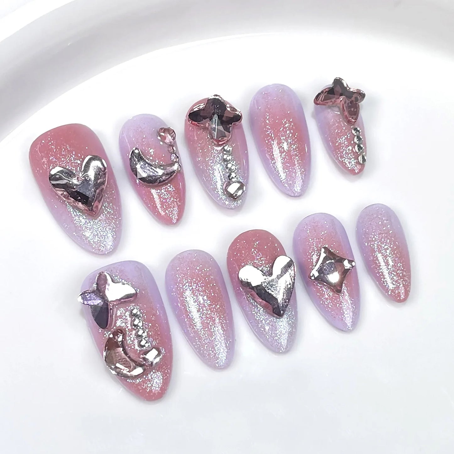 10pcs Handmade Press on Nails Shiny Pink Cat Eye with Glitter Crystal