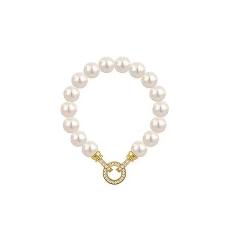 French Elegant Zirconia Round Buckle Imitation Pearl Charm Bracelet