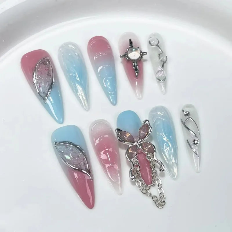 10-Pack Aurora Ombre Pink Press-On Nails 3D Snake