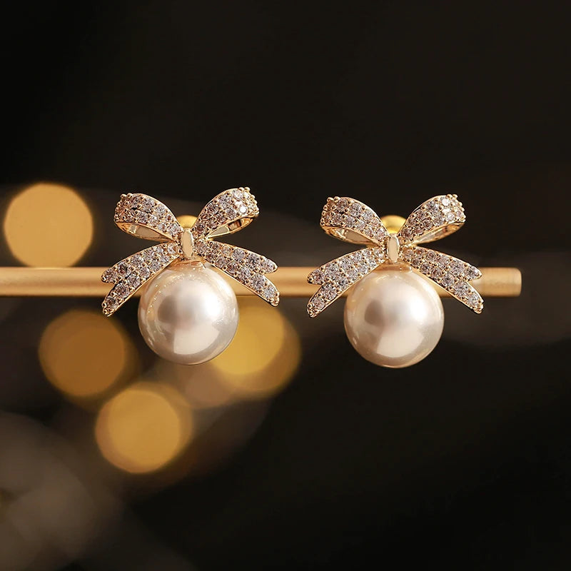 French Elegant Micro-Inlaid Zirconia Bow Pearl Drop Earrings