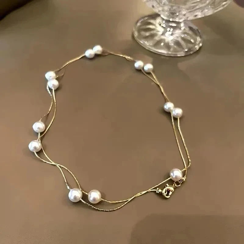 Imitation White Pearl Magnetic Round Buckle Beaded Necklace