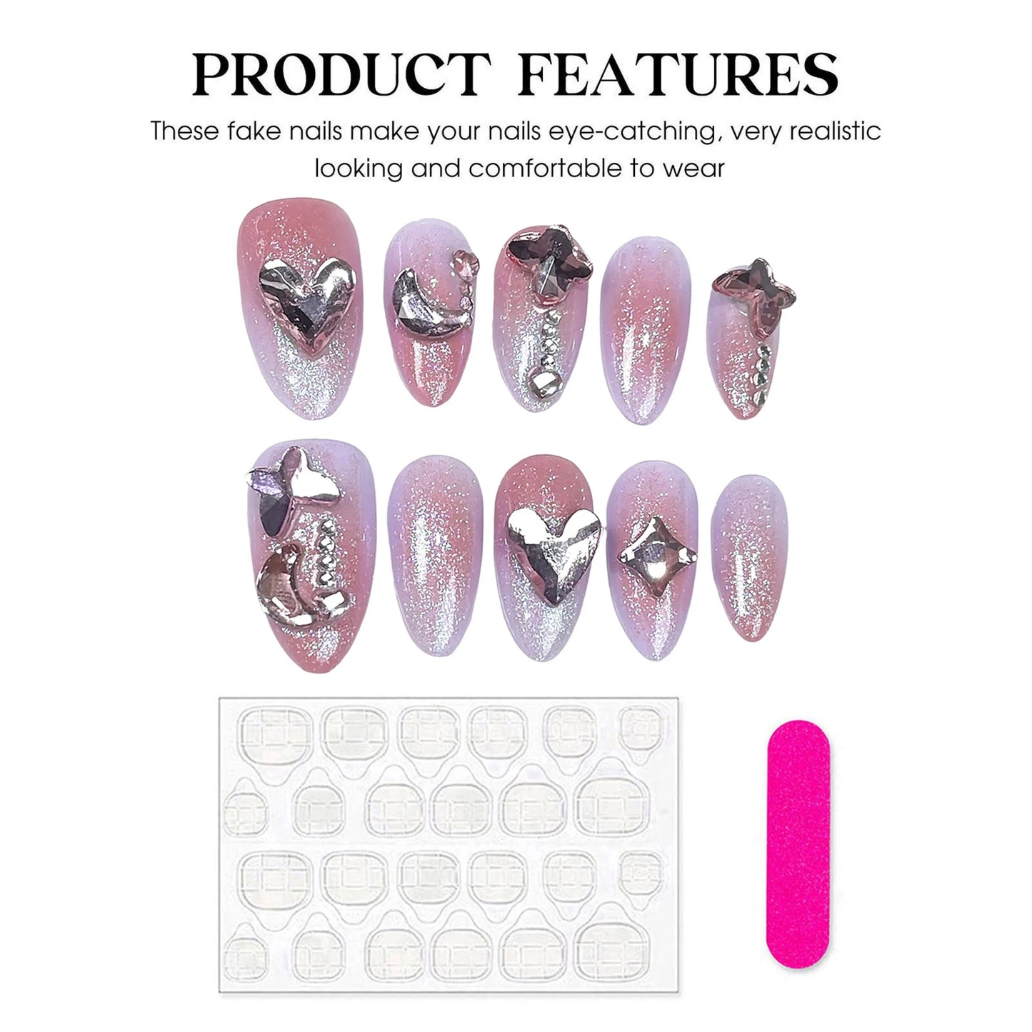 10pcs Handmade Press on Nails Shiny Pink Cat Eye with Glitter Crystal