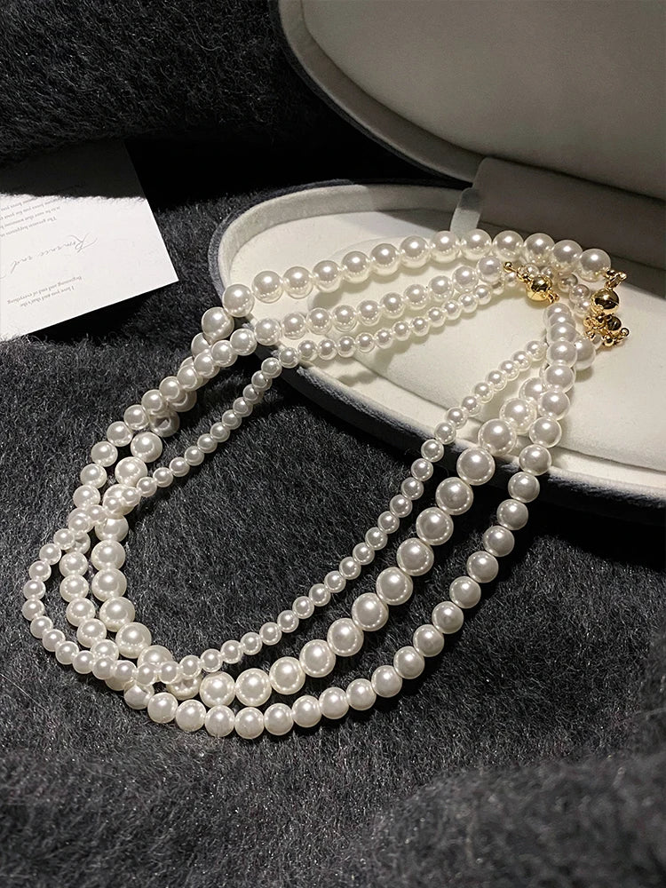 Imitation White Pearl Magnetic Round Buckle Beaded Necklace