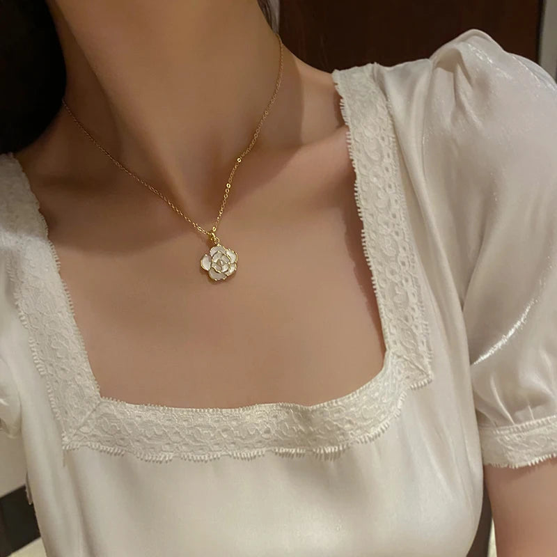 Romantic and Elegant White Camellia Pendant Necklace