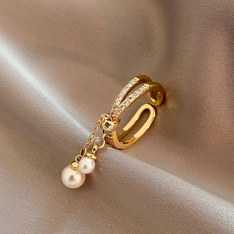 Gold-tone pearl tassel open ring