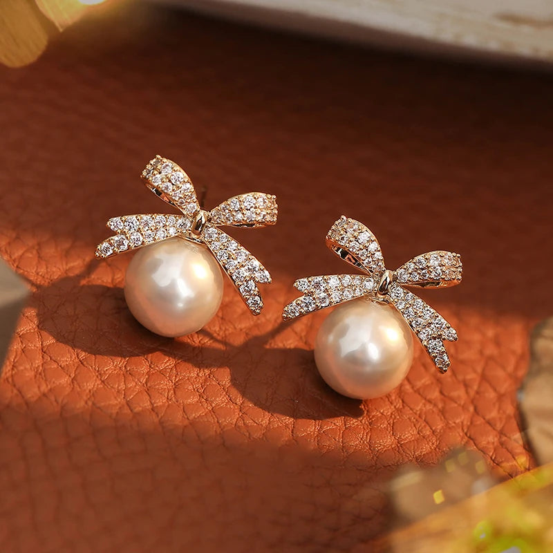 French Elegant Micro-Inlaid Zirconia Bow Pearl Drop Earrings