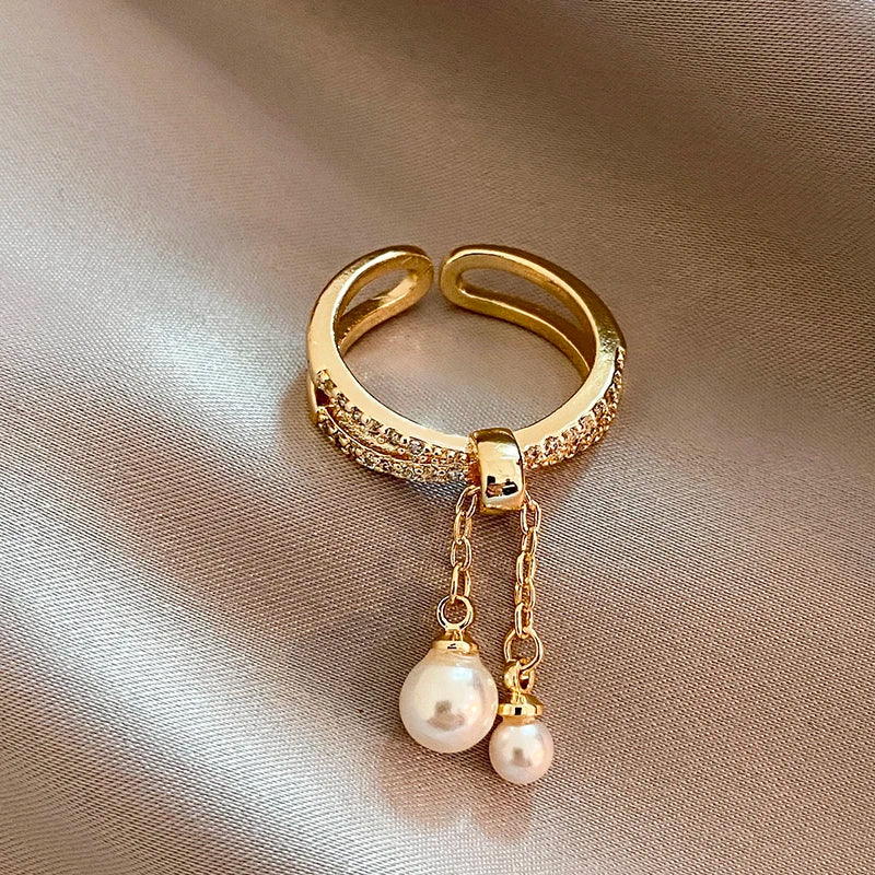 Gold-tone pearl tassel open ring