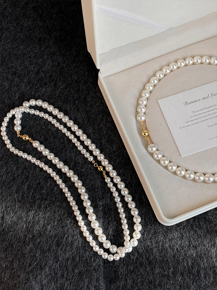 Imitation White Pearl Magnetic Round Buckle Beaded Necklace