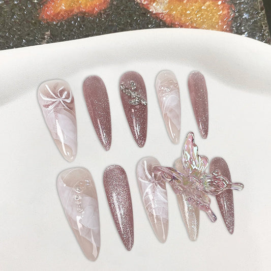 Handmade Press-On Nails Pink Cat Eye Long Tip Sweet Style 3D Transparent Butterfly