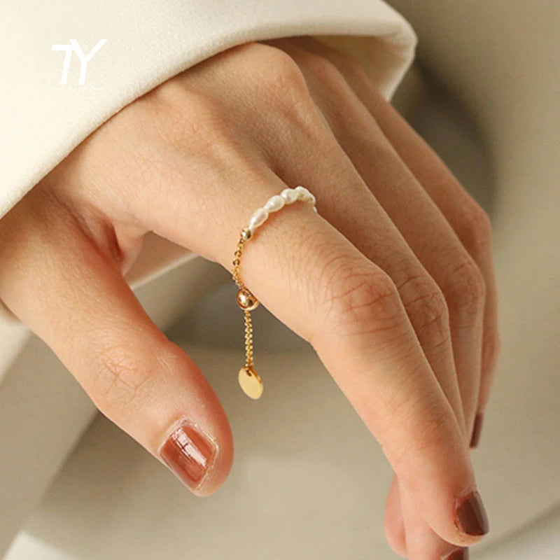 French simple retro pearl chain tension adjustment gold ring