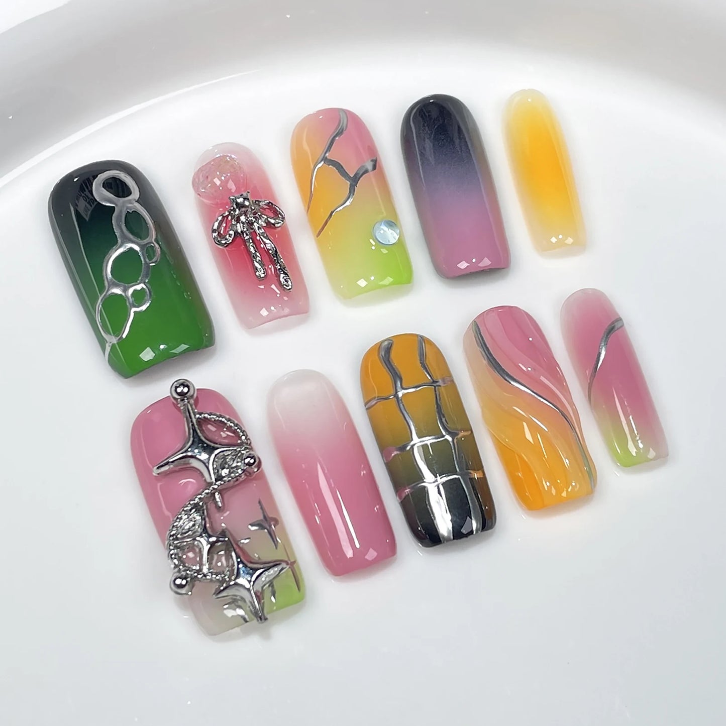 Handmade press-on nails with gradient colors