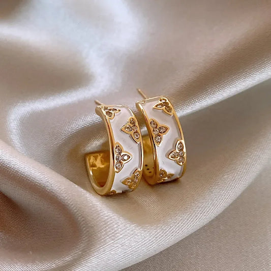 French Vintage Zirconia Flower White Enamel C Shape Gold Earrings