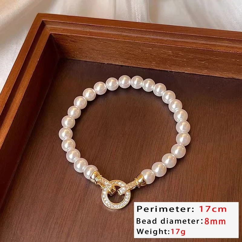 French Elegant Zirconia Round Buckle Imitation Pearl Charm Bracelet