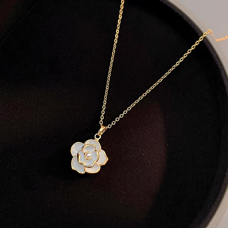 Romantic and Elegant White Camellia Pendant Necklace