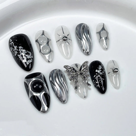 Handmade Black and Silver Hand Painted Almond Press-On Nails with 3D Butterfly