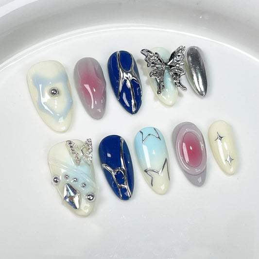 Handmade Press-On Nails Silver Butterfly