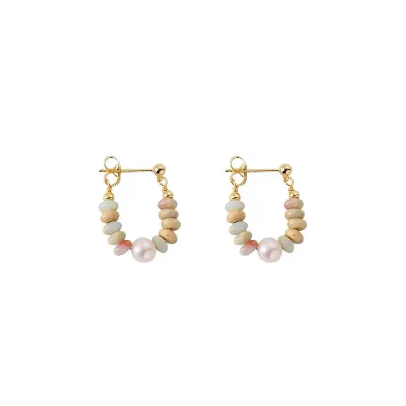 Natural Gemstone Beaded Pearl Drop Earrings