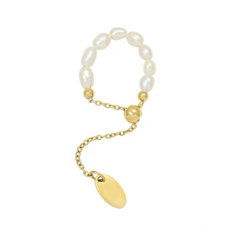 French simple retro pearl chain tension adjustment gold ring