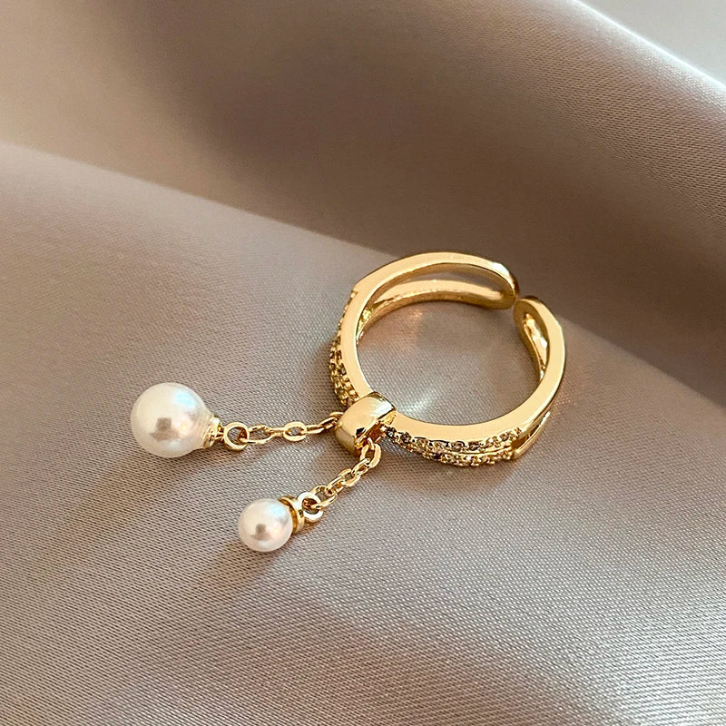 Gold-tone pearl tassel open ring