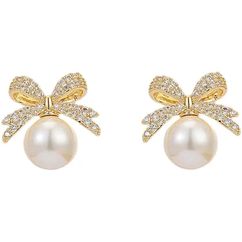 French Elegant Micro-Inlaid Zirconia Bow Pearl Drop Earrings