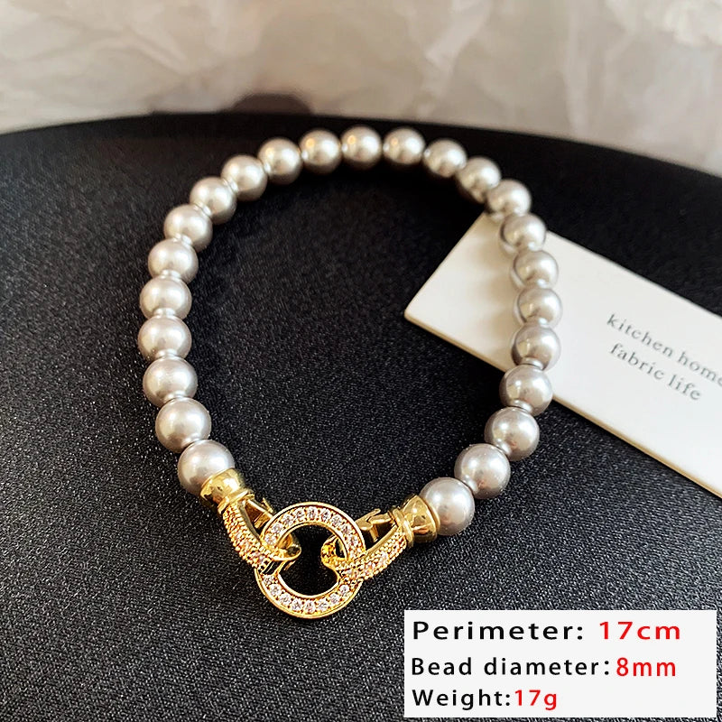 French Elegant Zirconia Round Buckle Imitation Pearl Charm Bracelet