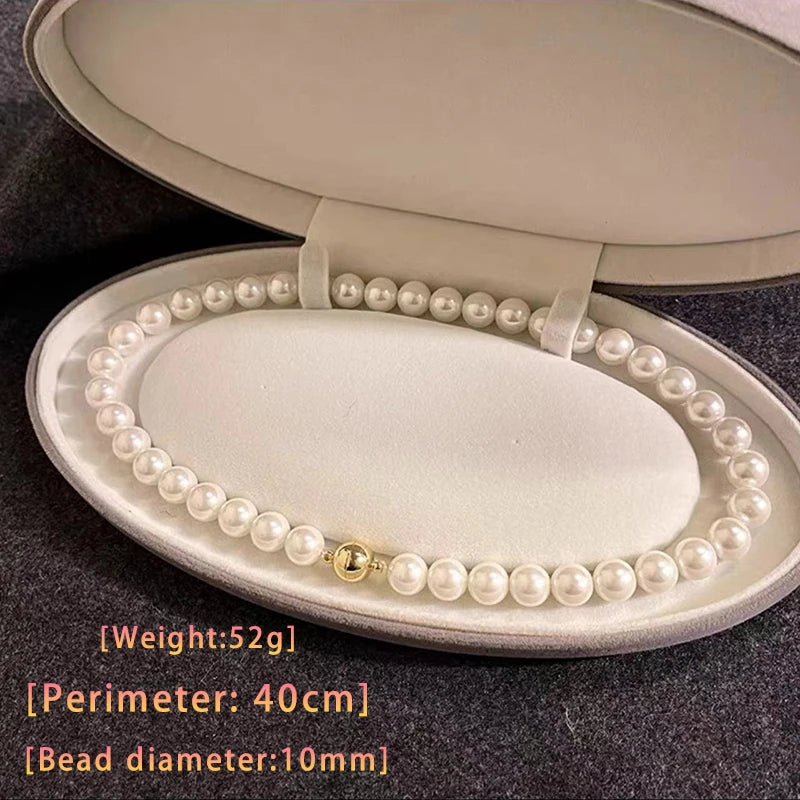 Imitation White Pearl Magnetic Round Buckle Beaded Necklace