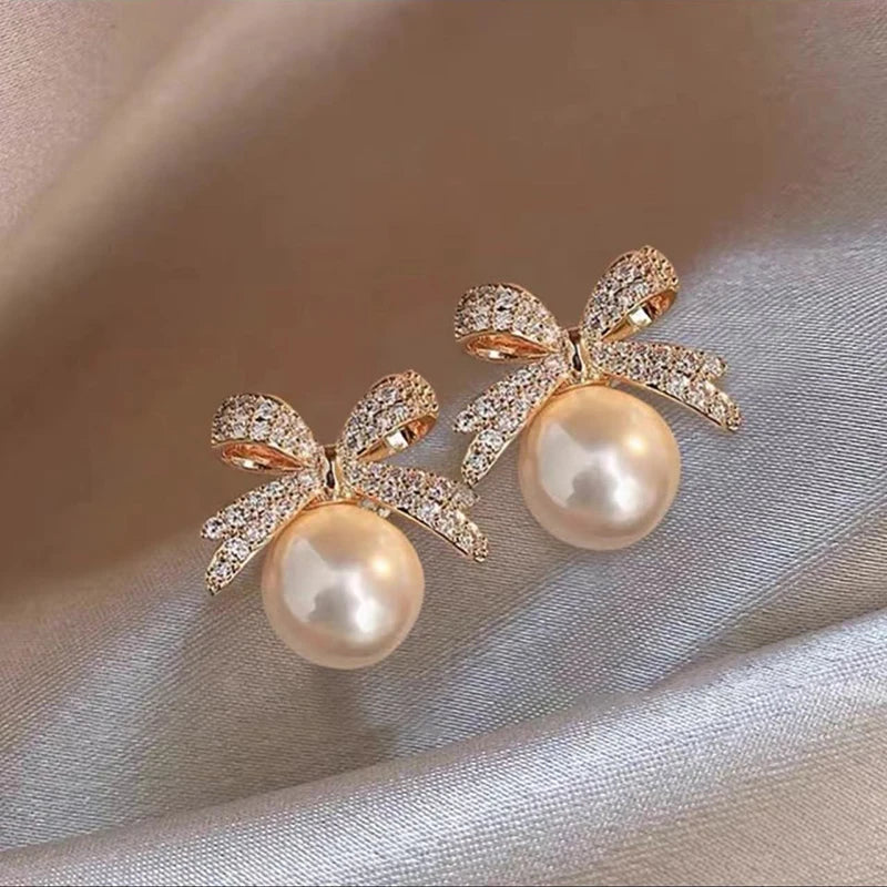 French Elegant Micro-Inlaid Zirconia Bow Pearl Drop Earrings