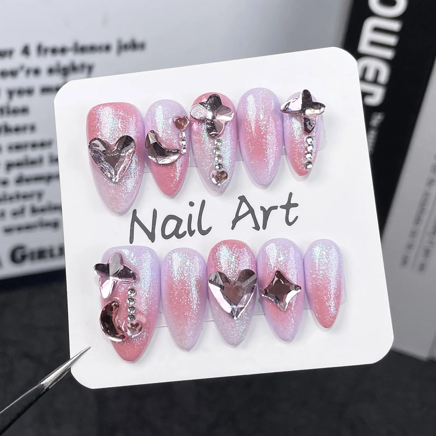 10pcs Handmade Press on Nails Shiny Pink Cat Eye with Glitter Crystal