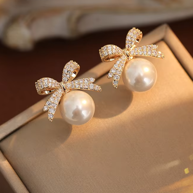 French Elegant Micro-Inlaid Zirconia Bow Pearl Drop Earrings