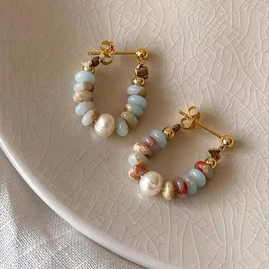 Natural Gemstone Beaded Pearl Drop Earrings